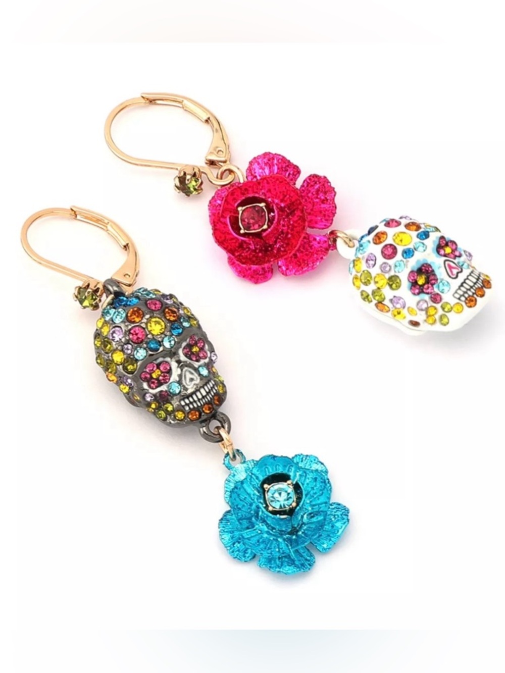 NIB Betsey Johnson Faux Stone Sugar Skull Flower Mismatch Earrings
